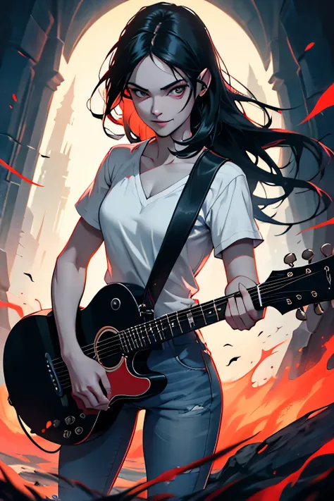 Hora da Aventura, Marceline, flutuando no ar com sua guitarra vermelha,A young woman, long flowing black hair, sorriso, pale grey skin, dentes de vampiro, marcas de mordida de vampiro nos dentes, olhos vermelhos, camisa vermelha, jeans, Botas, 4k, Cinemati...