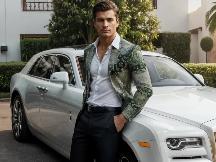 This image portrays a striking young man posing confidently in front of a luxurious white Rolls-Royce vehicle. The mans toned, muscular physique is showcased as he stands shirtless, wearing only a colorful, patterned shirt that is left open, revealing his ...