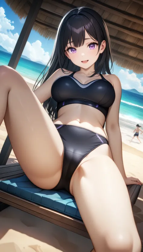 32k, best quality, ultra high res, HDR, UHD, extremely detailed CG, unity 32k wallpaper, very cute, 16-year-old girl, 1 person, Purple eyes, (Black competitive swimsuit), Beach, Long black hair, (large breasts), Laugh shyly, sit, (Spread your legs wide), 