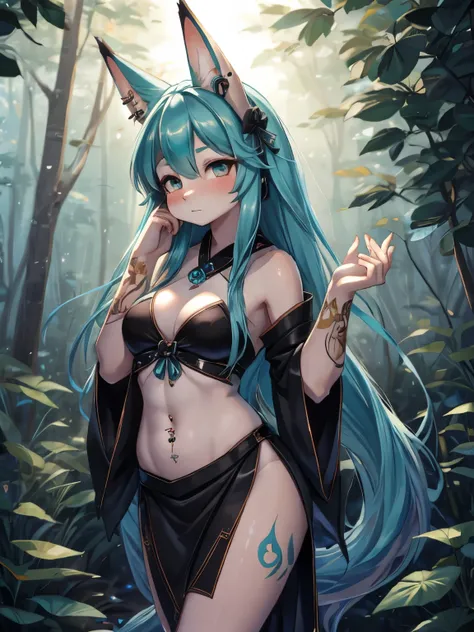 Chica anime, anime style, cute hatsune miku x suicune, shy girl , Orejas de Kitsune, arte de dark natasha, autum forest landscape, arte de vixen aztra, cuerpo completo, patas hermosas, cintura delgada, caderas amplias, piernas torneadas, hermosa, foto de c...