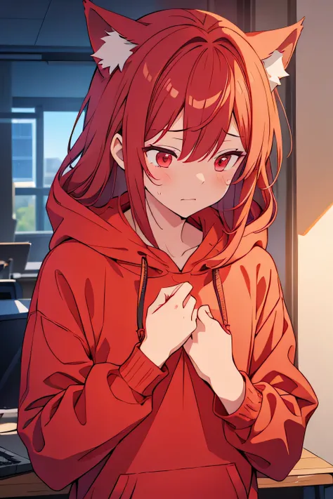 A boy of about high school age with long red hair, wolf ears and a red open hoodie is clutching his chest and looking down while crying.