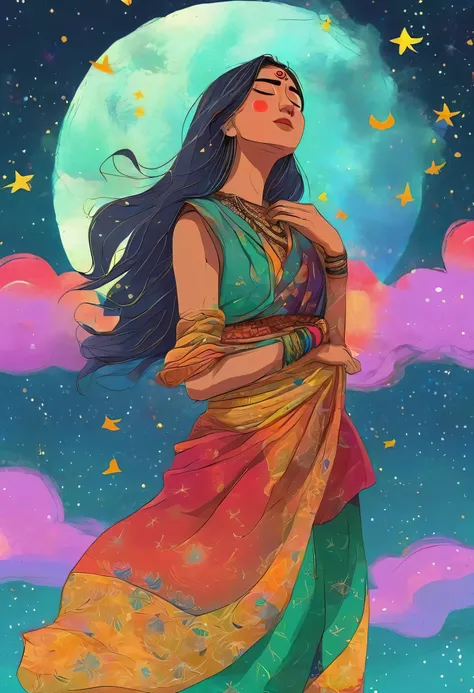 belly danceを踊る女の子, Violent dancing pose、Hiding her face with a scarf、Only the eyes are visible、sea-blue Indian traditional clothing、Red and yellow gradient outfit、 Pastel sky、Starry Sky、Spice Flower、 ginkgo leaf, Slope, Slope background, Slope sky, Indian ...