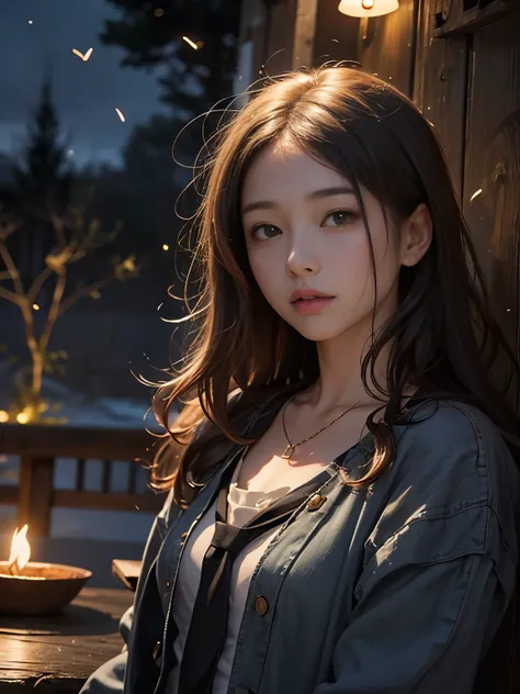 (8k, Highest quality, masterpiece: 1.2), (Realistic, photoRealistic: 1.37), Very detailed, One Girl, Wide viewing angles, Firefly Garden, Small faint lights and fireflies flitting about, night, Yasutomo Oka&#39;s painting style, huge firm bouncing bust, Th...