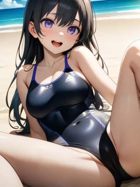 32k, best quality, ultra high res, HDR, UHD, extremely detailed CG, unity 32k wallpaper, very cute, 16-year-old girl, 1 person, Purple eyes, (Black competitive swimsuit), Beach, Long black hair, (large breasts), Laugh shyly, sit, (Spread your legs wide), C...