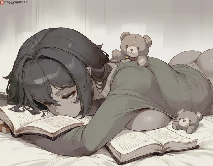 1girl, monochrome, greyscale, reading, book, dark_skin, blush, cutesexyrobutts style, 1girl, holding_book, hetero, lying, dark-skinned_female, short_hair, sweat, holding, open_book, on_back, from_side, sex, stuffed_toy, stuffed_animal, breasts , solo_focus...