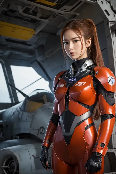 Evangellion Asuka (hair pulled back, iconic pilot suit) is standing next to her Ava(mecha), wartorn city
