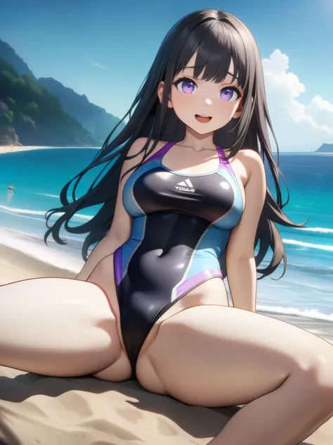 32k, best quality, ultra high res, HDR, UHD, extremely detailed CG, unity 32k wallpaper, very cute, 16-year-old girl, 1 person, Purple eyes, (Black competitive swimsuit), Beach, Long black hair, (large breasts), Laugh shyly, sit, (Spread your legs wide), C...