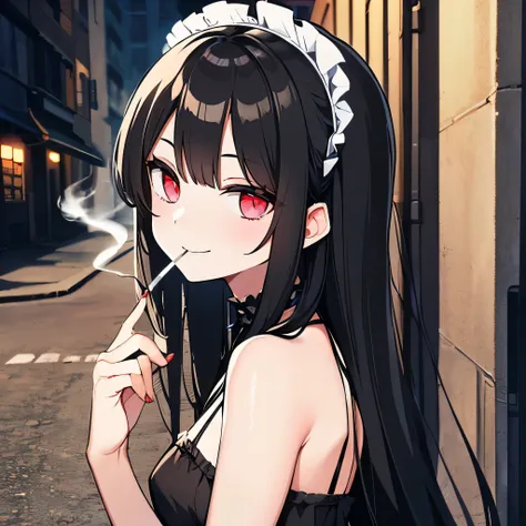 smoking cigarettes　maid　long black hair　the background is a back alley at night　fearless smile