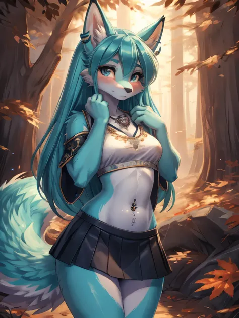 Chica anime, anime style, cute hatsune miku x suicune, shy girl , Orejas de Kitsune, arte de dark natasha, autum forest landscape, arte de vixen aztra, cuerpo completo, patas hermosas, cintura delgada, caderas amplias, piernas torneadas, hermosa, foto de c...