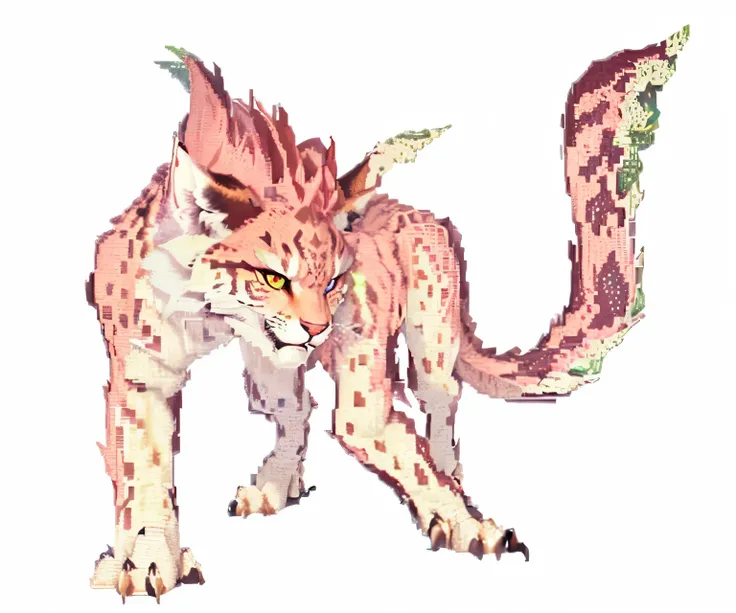 a close up of a pixelly colored dragon with green eyes, anthropomorphic lynx, humanoid cheetah, a mythical creature, three - tailed fox, tabaxi male, male centaur centaur chimera, one a demon-like creature, one a demon - like creature, giant cat monster, s...