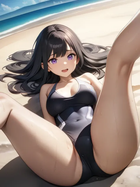 32k, best quality, ultra high res, HDR, UHD, extremely detailed CG, unity 32k wallpaper, very cute, 16-year-old girl, 1 person, Purple eyes, (Black competitive swimsuit), Beach, Long black hair, (large breasts), Laugh shyly, Lie down, (Spread your legs wid...