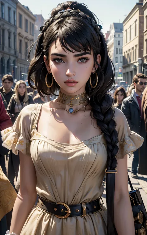 best quality, masterpiece, 4k, absurd res, UHD, ultra-detailed, detailed eyes, detailed skin, detailed hair, detailed face, (face of Dua Lipa:Alicia Vikander), detailed fabric, (1 young beautiful girl, solo:1.1), working class hero, riot in the background,...