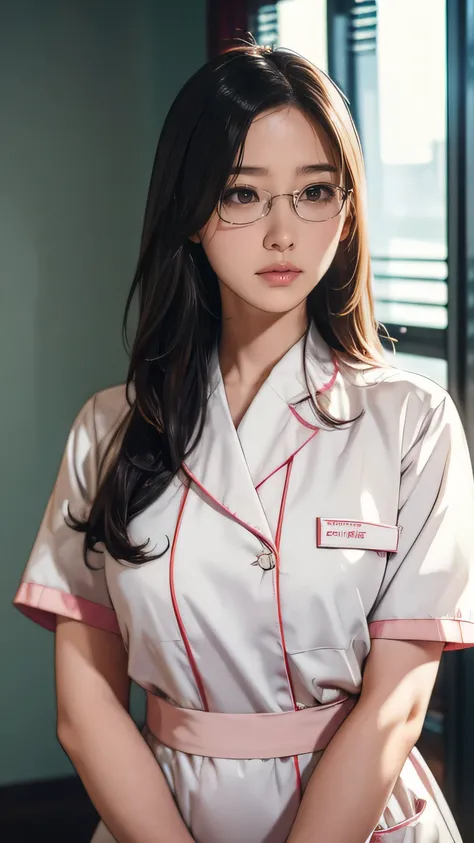 a beautiful young asian nurse wearing glasses, standing alone in a hospital, hyperrealistic, 8K, detailed, anime style, masterpiece, cinematic lighting, intricate details, vibrant colors, realistic, photorealistic, highly detailed face and hands, soft skin...