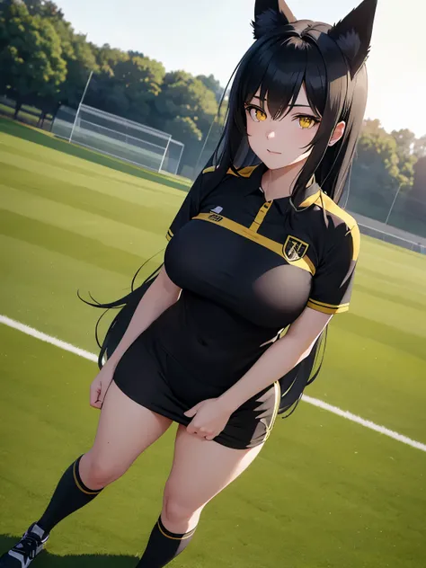 1woman, adult woman, yellow eyes,standing,Black hair, black fox ears,Sports uniform, big breast,in the training ground, on the field,In the morning, the sun is bright,,half body photo, Ultra detail, ultra HD, masterpiece 