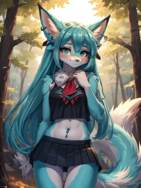 Chica anime, anime style, cute hatsune miku x suicune, shy girl , Orejas de Kitsune, arte de dark natasha, autum forest landscape, arte de vixen aztra, cuerpo completo, patas hermosas, cintura delgada, caderas amplias, piernas torneadas, hermosa, foto de c...