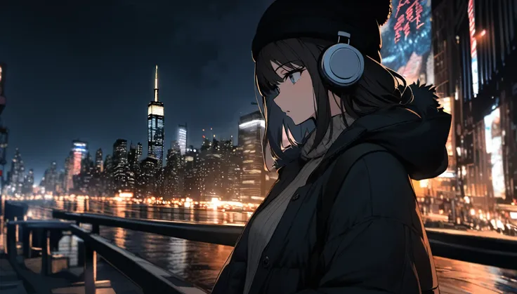 one girl with headphones, walks in streets of NYC, 22 years old, brunette hair, winter night. beautiful landscape of NYC,  in night sky, travel, tourist, sweater, gloves, black winter hat, long black hair, 
