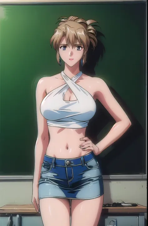 masterpiece, best quality, 1girl, looking at viewer, medium height, ultra detailed, cowboy shot, big head, folded ponytail, teac...