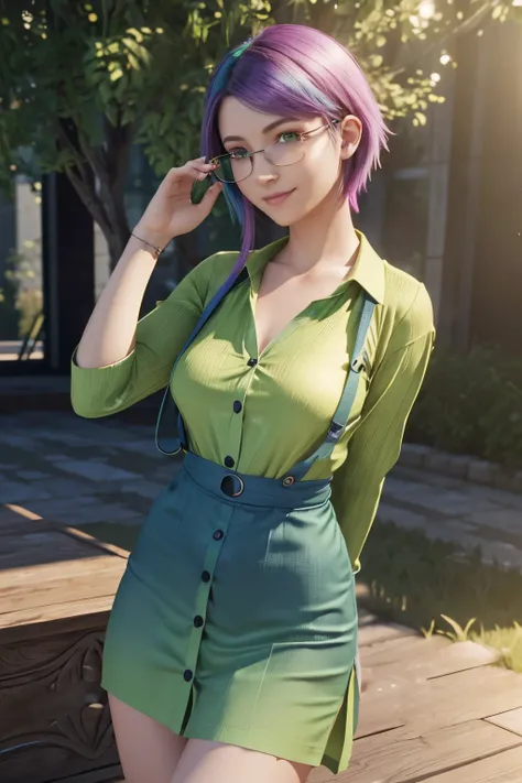 smile, green eyes, green shirt-dress with buttons, bare chest, Girl 15, short, rainbow hair, metal frame glasses. ((elegance. gradient. Photorealism. Unreal engine. 3d model. Ultra high quality textures. high detail. Resolution 8K))