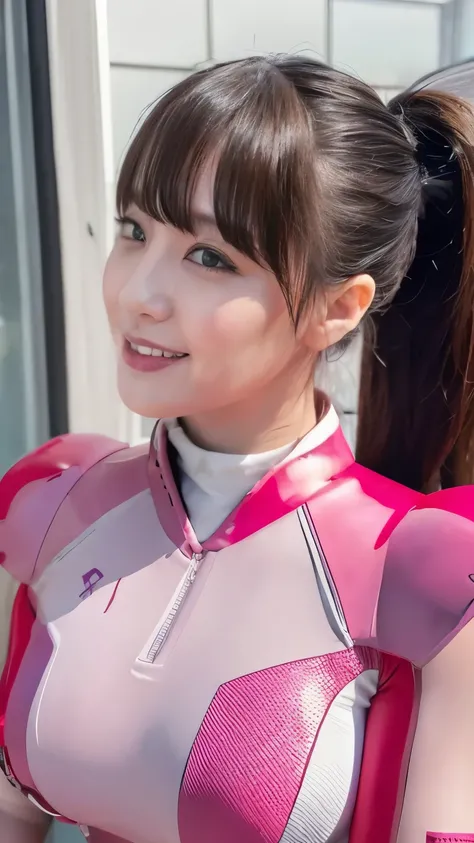 （super highest quality、In 8K、Masseter muscle area、Delicate illustrations、Upper Body:1.5）,Wearing a deep pink and white Sentai suit:1.5、A beautiful and attractive 25-year-old Japanese woman、Plump body、Big Breasts:1.5,Black hair ponytail、smile