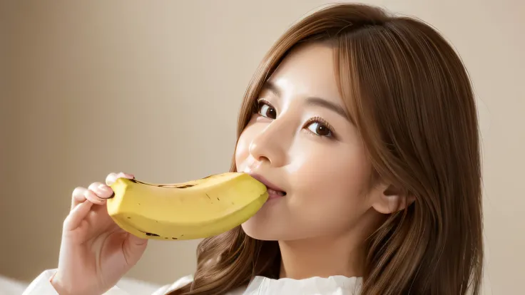 (((white blouse))),((Mastepiece,Photorealistic)), (((8K,Best Quality: 1.5))), ((Super Detail: 1.5)) , (((upward glance))),Cute Woman,Beautiful woman,Japanese,Age 25,(((On the bed,Woman holding a banana in front of her mouth,full body)),Ultra-detailed facia...