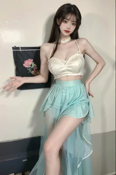 Beauty, beautiful女人，Have a perfect body：1.4，Layered Hairstyle，((Big breasts)), ((D cup)), Visible cleavage，Bare shoulders, Highly detailed face and skin texture，Double eyelids，Skin Whitening，Long hair，Whitening long legs，Standing by the sea, Fashion girl, ...