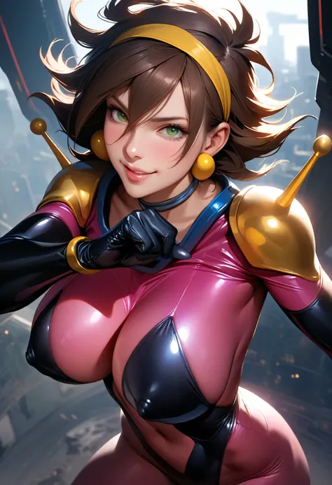 Rain Mikamura,yellow headband,perfect hands, perfect finger,perfect anatomy, masterpiece, best quality,realistic, hyperrealistic, 16k hdr,1girl, large breasts,erected nipples,brown hair, medium hair,green eyes,mobile trace suit, shoulder armor,pink and bla...