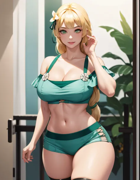 sumIngrid, sumIngrid, bangs, hair flower, hair ornament, braided ponytail, cleavage, green bikini, off-shoulder, green shorts 2.0, green bow 2.0, leather thigh strap 2.0, bare stomach 2.0, (masterpiece, best quality, 8k, HD, ultra-detailed), realistic styl...