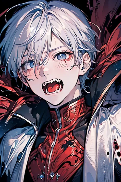 (((A man in his 30s with a muscular and sturdy build.:1.5))),((Silver short hair:1.2)),(Blue Eyes:1.2),((crimson、reddish black、Dark blood:1.5)),(((A chaotic, dark and gloomy world:1.2))),((Face and body covered in blood:1.3)),((Luxurious silver hero armor:...