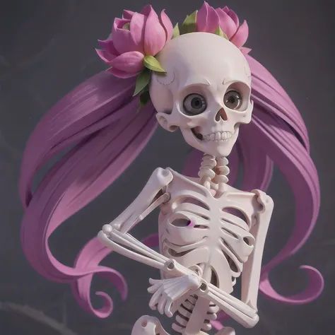 skeleton with flower in hair standing against grey background, anatomically correct skeleton, skeleton girl, skeleton, skelleton...