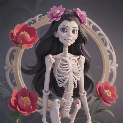 skeleton with flower in hair standing against grey background, anatomically correct skeleton, skeleton girl, skeleton, skelleton...