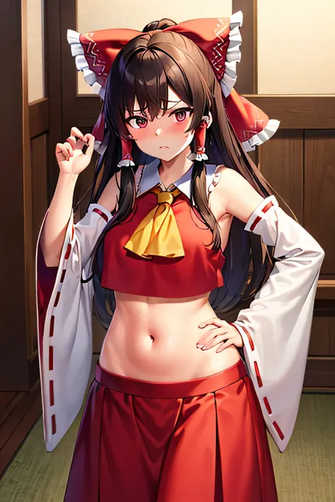 super fine illustration, vibrant colors, masterpiece, sharp focus, best quality, depth of field, cinematic lighting, ultra detailed, blush, annoyed, belly button, midriff, hips, shrine maiden, hakurei reimu, 1girl, hair bow, ascot, hair tubes, detached sle...