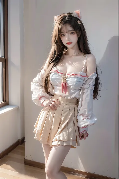 diana cosplay costume, animal ears, long jacket, bow, hair ornament, serafuku, neckerchief, long sleeves, socks, shoes, Beauty, beautiful女人，Have a perfect body：1.4，Layered Hairstyle，((Big breasts)), ((D cup)), Visible cleavage，Bare shoulders, Highly detail...