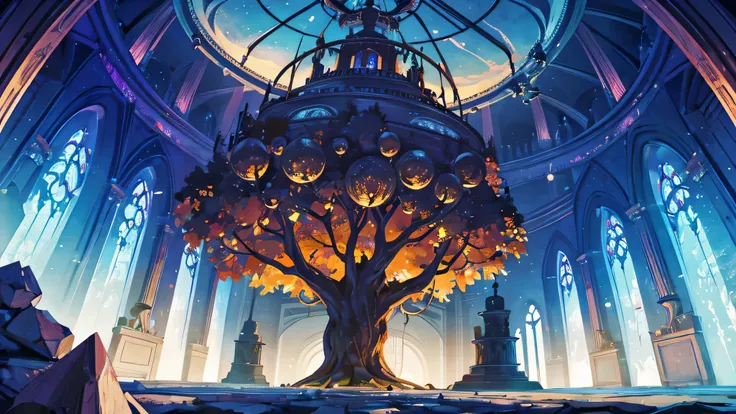 fantasy,symmetry,round library,large crystal tree,celtic,dark,night,deserted palace,foxfire,shoot from below