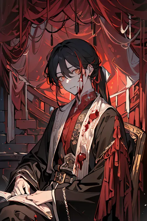 (((A man in his 30s:1.5))),(Long hair tied up:1.2),((Black Hair:1.35)),((Yellow Eyes:1.2)),((crimson、reddish black、Dark blood:1.5)),(((The world inside a castle that stands in the darkness:1.2))),((Face and body covered in blood:1.3)),((Western luxurious r...