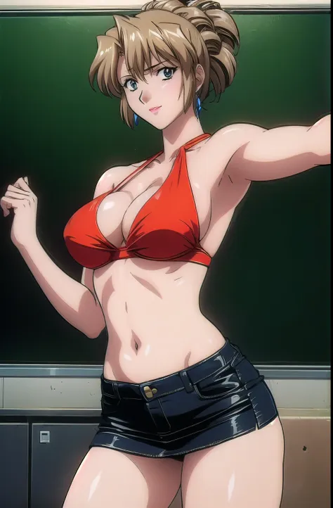 masterpiece, best quality, 1girl, looking at viewer, medium height, ultra detailed, cowboy shot, big head, folded ponytail, teac...