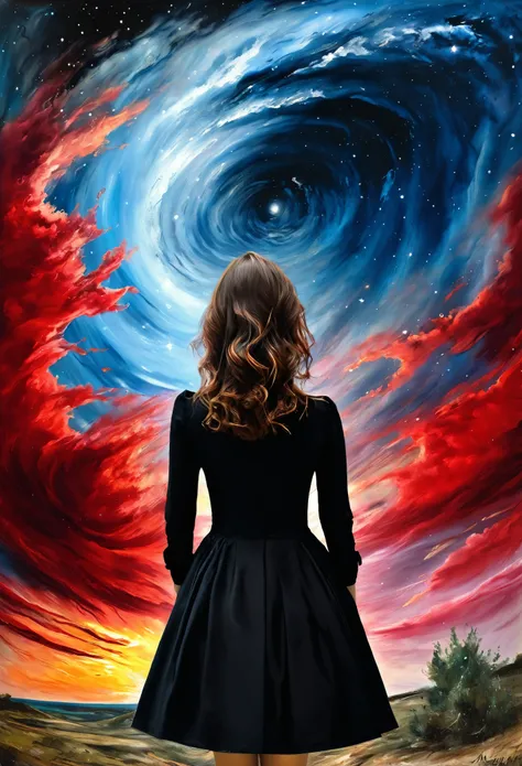 ((View from behind)): [Young 1 girl, Cute Black Chaos Hurricane Bob to the Wind, ((El Greco style/Thomas Mann/John Constable!)!) Baroque::20]:background[Nebula IC434 deep red/Bat] (art：Slawomir-Maniak), A canvas with a rich watercolor palette/acrylic, comp...