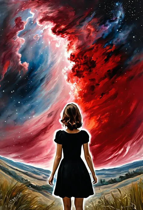 ((View from behind)): [Young 1 girl, Cute Black Chaos Hurricane Bob to the Wind, ((El Greco style/Thomas Mann/John Constable!)!) Baroque::20]:background[Nebula IC434 deep red/Bat] (art：Slawomir-Maniak), A canvas with a rich watercolor palette/acrylic, comp...