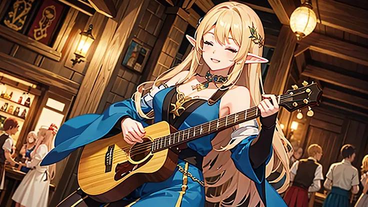 anime style,middle ages,a lively bar with lots of people,beautiful sky,beautiful bard elf girl with closed eyes,guitar