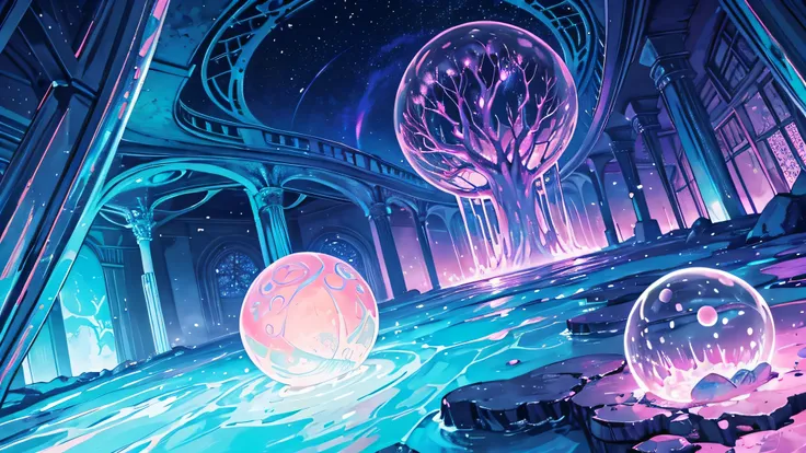 ooze out sticky pink water,fantasy,symmetry,starry night,the dream lands,round library,large crystal tree,a lot of iridescence s...