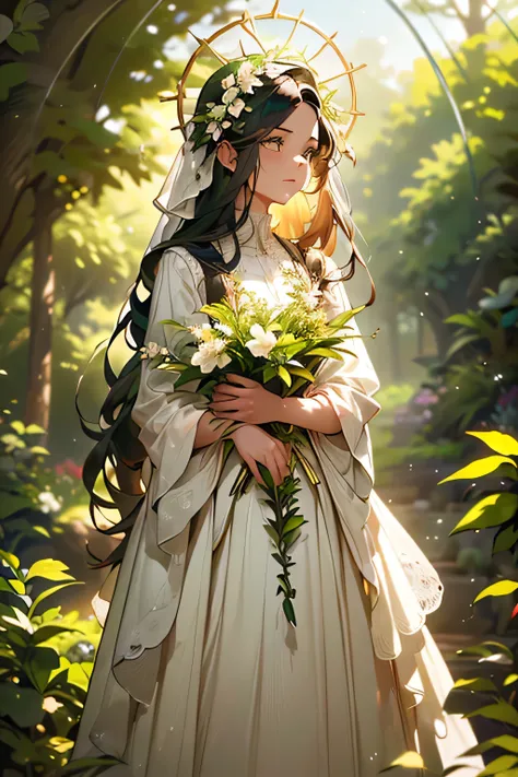 ((1girl verdant dress, verdant surroundings, garden layout, floral patterns)), long hair, ((dark green hair), separated strands, hair growth), green eyes, brown skin, ((detailed face)), ((Vibrant makes botanical habits)), ((living flowers:0.9)), full body ...