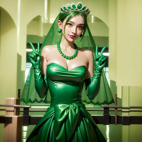 Emerald tiara, Green Pearl Necklace, Boyish very short green hair, Green Lips, Smiling Japanese woman, Very short hair, Busty beautiful lady, Green Eyes, Green satin long gloves, Green Eyes, Emerald Earrings, Green veil, V sign, Green Hair, Beautiful Japan...