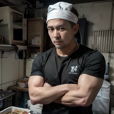 8K, ultra detailed, (realistic:1.2), masterpiece, 40yo, A man wearing a black T-shirt and a white bandana on his head, crossed arms, (fat, muscular:1.0), Ramen restaurant kitchen, standing