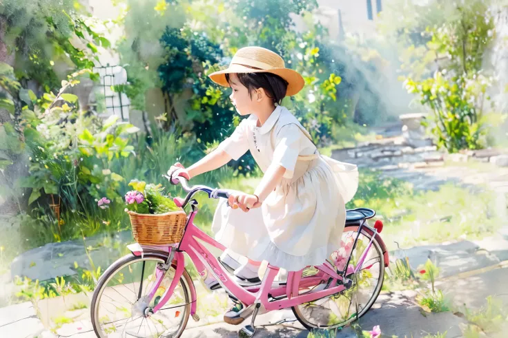 (highest quality、masterpiece)、(5 year old girl riding a bicycle)、(helping dad:1.4)、(children's bicycles、whole)、(from the side)、(...