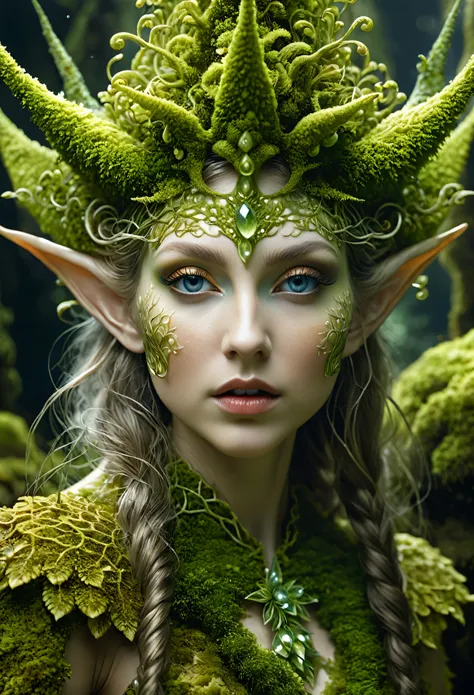 Closeup of a Surreal moss Elf with pointy ears in the styles of Ernst Haeckel, Arthur Rackham, Roger Dean, Jeff Wall, by Wolfgang Tillmans, Brooke Shaden $etching drawing illustration$ resin
detailed matte painting, deep color, fantastical, intricate detai...