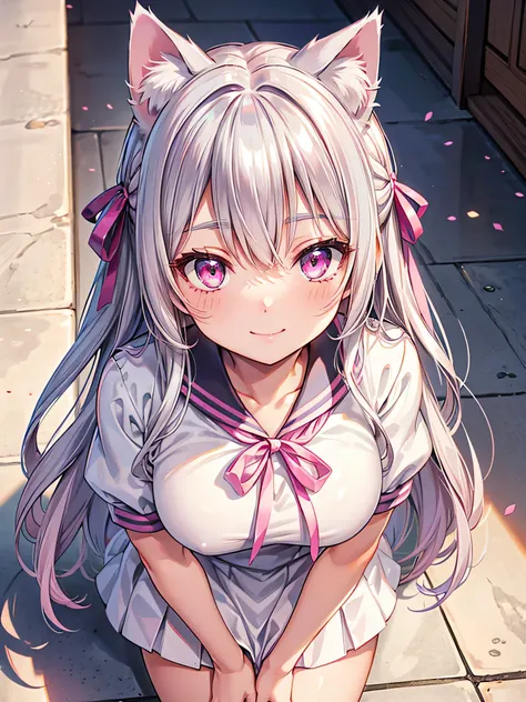 Highly detailed face,fine grain,Highlighted eyes, medium breasts ,pretty girl, smile shyly,Cat ear,Beautiful silver hair,Pink inside,Beautiful pink eyes,shiny skin, beautiful shadow,White sailor uniform,ribbon, I want to send a letter to you
