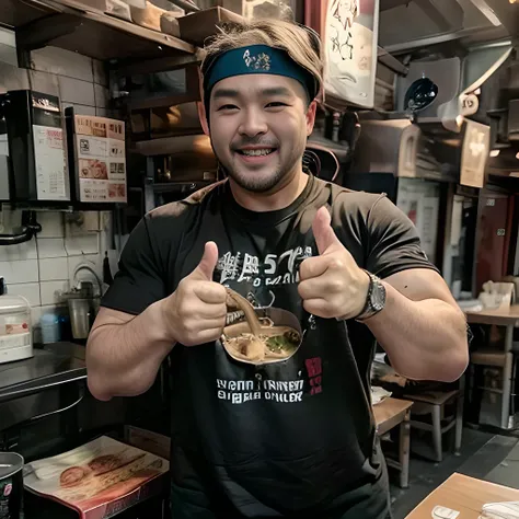 8K, ultra detailed, (realistic:1.2), masterpiece, 40yo, A man wearing a black T-shirt and a white bandana on his head, (thumbs up), (laugh:1.2),(fat, muscular:1.0), Ramen restaurant kitchen, standing