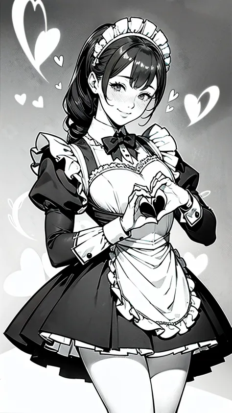 (masterpiece:1.2, highest quality),(line art),(monochrome),(very detailed),8k,wallpaper,1 female,cute face,smile,((maid in a mai...