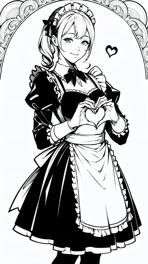 (masterpiece:1.2, highest quality),(line art),(monochrome),(very detailed),8k,wallpaper,1 female,cute face,smile,((maid in a mai...