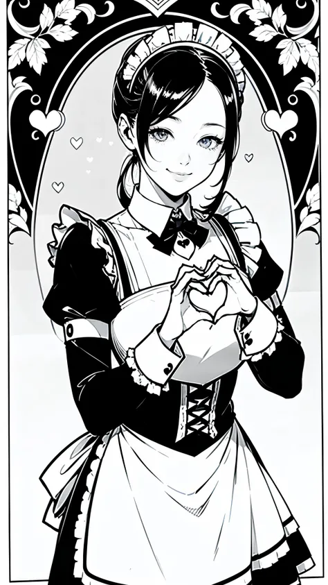 (masterpiece:1.2, Highest quality),(Line art),(Monochrome),(Very detailed),8K,wallpaper,1 female,Cute face,smile,((Maid in a maid café)),((betterhand)),Random hairstyle,Random pose,Beautiful female hands,((lineart, monochrome)),BREAK(((maid cafe))),(((hear...