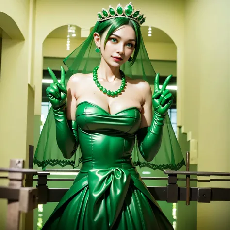 Emerald tiara, Green Pearl Necklace, Boyish very short green hair, lipstick, Smiling Japanese woman, Very short hair, Big and beautiful, Green Eyes, Long green satin gloves, Green Eyes, V sign, Emerald Earrings, Green veil, peace sign, 30-year-old female, ...